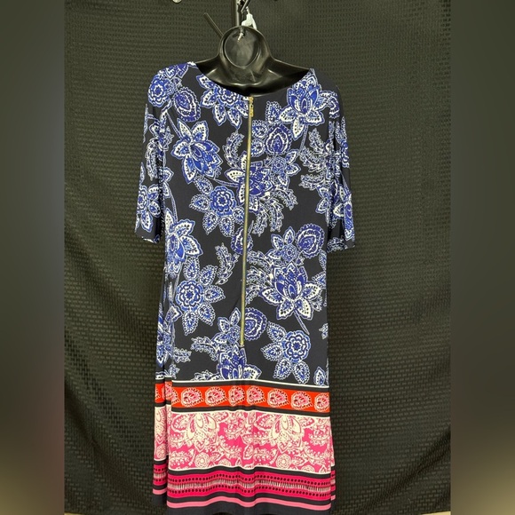 Eliza J Navy Blue Pink Bottom Floral Short Sleeve‎ Mod Retro Shift Dress sz:14 - Picture 2 of 6
